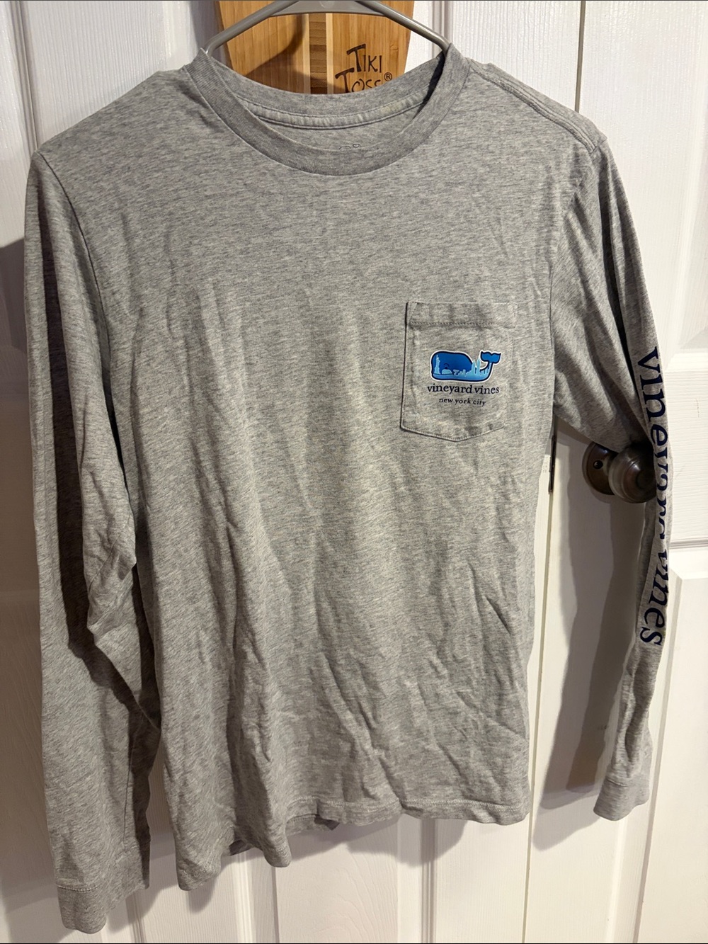 Vineyard Vines Gray Long-Sleeve Pocket Tee with Blue Whale Logo